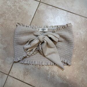 Zenana Outfitters Beige Smocked Tie-Front Tube Top